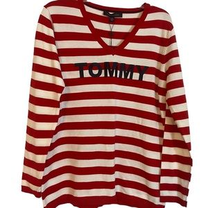 Tommy Hilfiger Red/White Stripes V-Neck Sweater XL | Relaxed Fit
